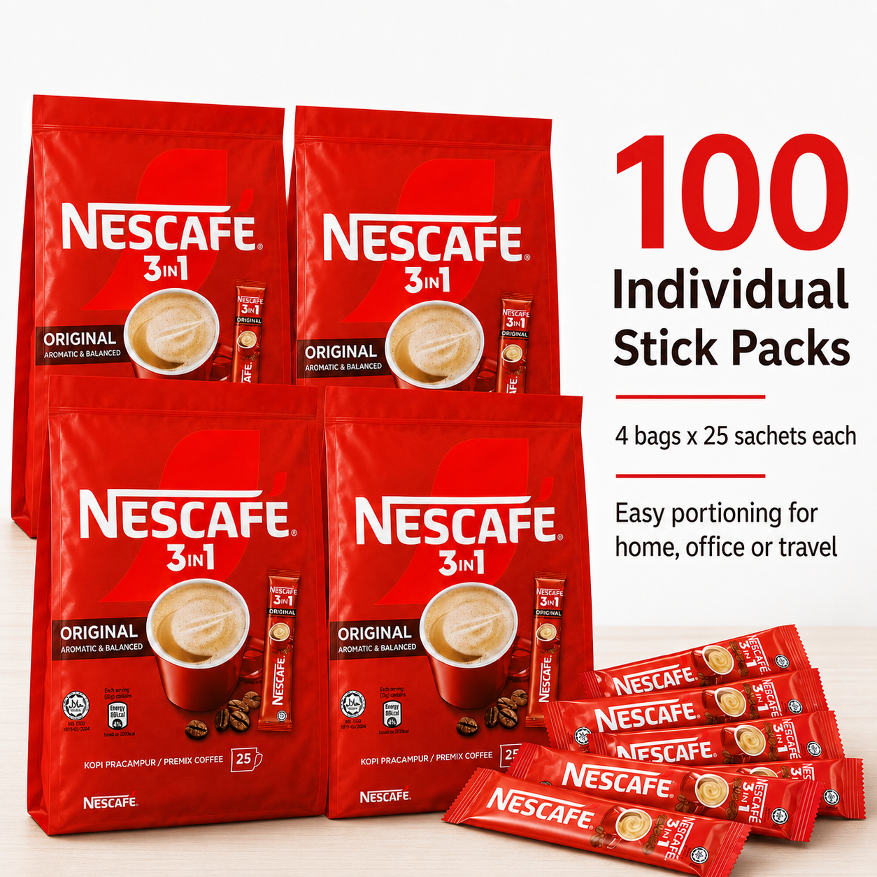 4 x 25 pack NESCAFE 3 in 1 Blend & Brew Original Instant Coffee 100 stick total