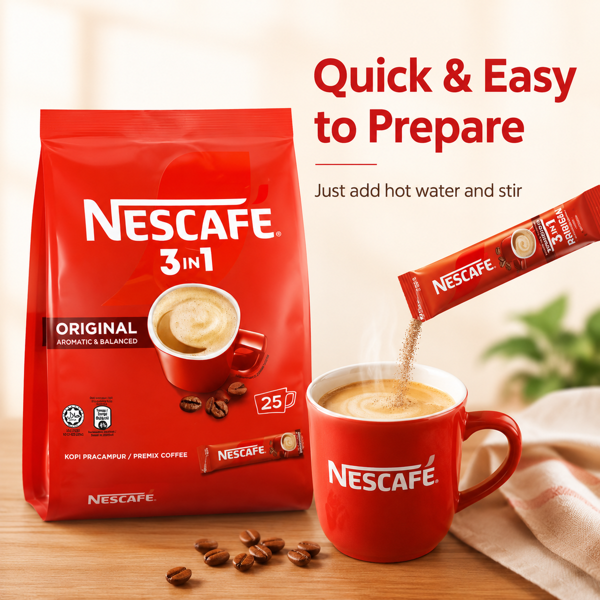 4 x 25 pack NESCAFE 3 in 1 Blend & Brew Original Instant Coffee 100 stick total