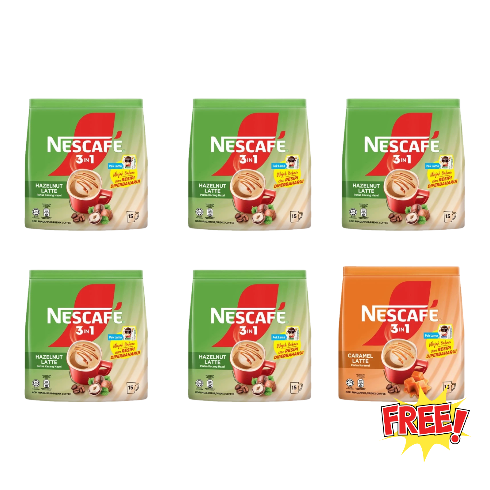 5 Packs NESCAFE 3in1 Hazelnut Instant Coffee Mix 75 Sticks 1725g Free Caramel0